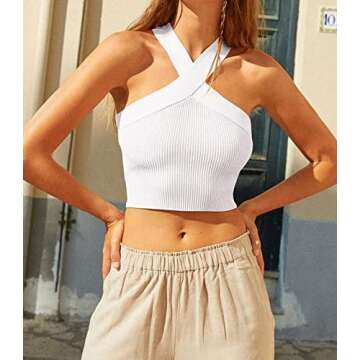 Lauweion Women’s Basic Criss-Cross Halter Neck Crop Tops Solid Ribbed Knit Off Shoulder Sleeveless Crop Tank Top Y2K(Large,White)
