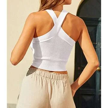 Lauweion Women’s Basic Criss-Cross Halter Neck Crop Tops Solid Ribbed Knit Off Shoulder Sleeveless Crop Tank Top Y2K(Large,White)