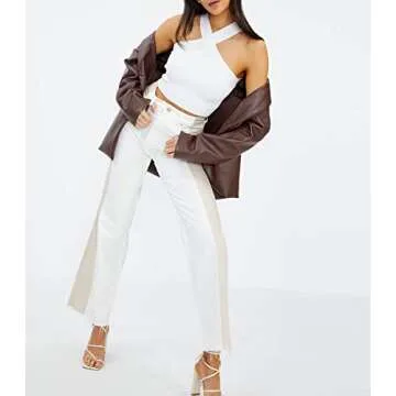 Lauweion Women’s Basic Criss-Cross Halter Neck Crop Tops Solid Ribbed Knit Off Shoulder Sleeveless Crop Tank Top Y2K(Large,White)