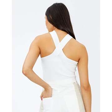 Lauweion Women’s Basic Criss-Cross Halter Neck Crop Tops Solid Ribbed Knit Off Shoulder Sleeveless Crop Tank Top Y2K(Large,White)