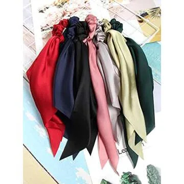 SUSULU Hair Scarf Scrunchies for Women - Satin Hair Ties Plain Hair Bobbles Solid Color Fabric Scrunchy Elastic Hair Ties with Bow Ponytail Holders Hair Accessories Pack of 8pcs