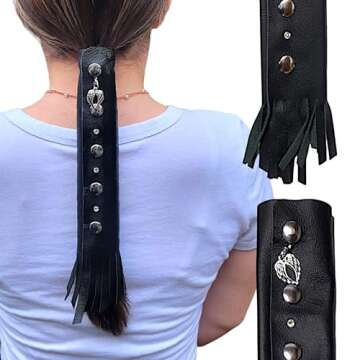 8 Inch Black Leather Hair Wrap for Stylish Motorcycle Protection