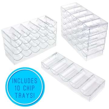 Brybelly Clear Acrylic Poker Chip Tray | for Standard Size Chips & Clay Chips | Each Tray Holds 100 Chips | 10 Trays & Carrier