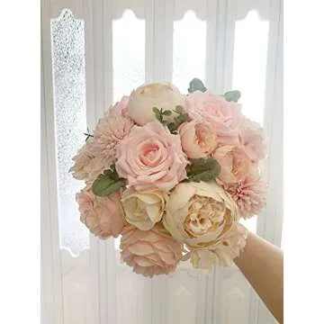 FACINOC Peonies Artificial Flowers Pink Silk Roses Bulk for DIY Wedding Bouquet Bridal Shower Decorations Fake Floral Arrangements Party Table Centerpieces Home Decor Indoor Blush Peach Box 20pcs