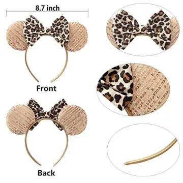 UNDEHAAC Bows Mouse Ears Headband - 2 Pcs Cute Sequin Headband for Women and Girls, Suitable for Halloween Variety Holiday Party Favors and Cosplay Role Play(Rose Gold and Leopard Print)