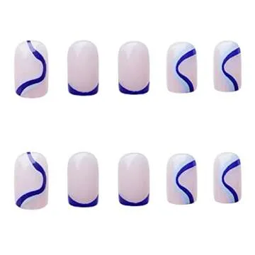 Foccna Square Press on Nails Acrylic French Fake Nails Short Swirls Cute Women's Blue False Nails Daily Wear Artificail Nails for Women&Girls, 24PCS