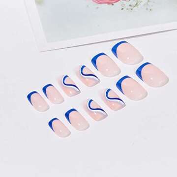 Foccna Square Press on Nails Acrylic French Fake Nails Short Swirls Cute Women's Blue False Nails Daily Wear Artificail Nails for Women&Girls, 24PCS