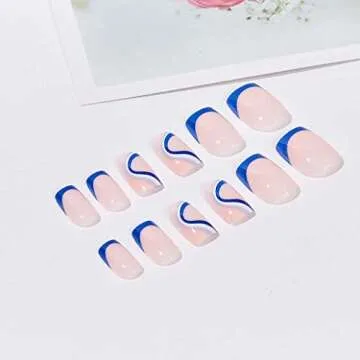 Foccna Square Press on Nails Acrylic French Fake Nails Short Swirls Cute Women's Blue False Nails Daily Wear Artificail Nails for Women&Girls, 24PCS