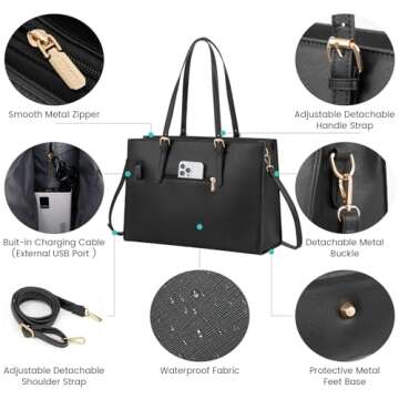 LOVEVOOK Laptop Bag for Women, Fashion Computer Tote Large Capacity, Leather Shoulder Bag Purse Set, Professional Business Work Briefcase for Office Lady 2PCs, Fit 15.6 Inch Laptop, Black