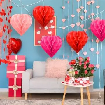 Valentine's Day Party Decoration Set - 5 Pack 12in Heart Honeycomb & Ball Tissue Paper Pom Poms in Red, Love-Inspired Honeycomb Hearts Ideal for Wedding & Classroom Decorations