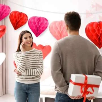 Valentine's Day Party Decoration Set - 5 Pack 12in Heart Honeycomb & Ball Tissue Paper Pom Poms in Red, Love-Inspired Honeycomb Hearts Ideal for Wedding & Classroom Decorations