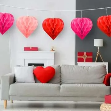 Valentine's Day Party Decoration Set - 5 Pack 12in Heart Honeycomb & Ball Tissue Paper Pom Poms in Red, Love-Inspired Honeycomb Hearts Ideal for Wedding & Classroom Decorations