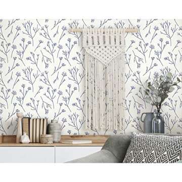 RoomMates RMK11680WP Navy and White Twigs Peel and Stick Wallpaper for Effortless Home Makeover