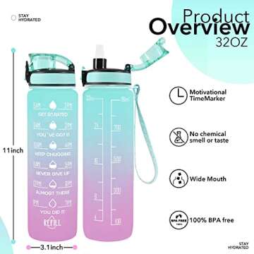 Newfad 32 oz Water Bottles with Straw & Strap, Motivational with Times to Drink, BPA Free Reusable S...