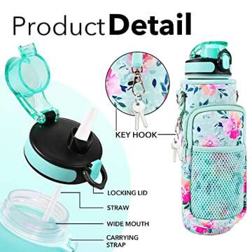 Newfad 32 oz Water Bottles with Straw & Strap, Motivational with Times to Drink, BPA Free Reusable Sports Water Bottle with Sleeve for Hiking, Travel, Running or Fitness (Spring Bouquet)
