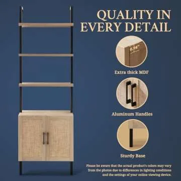 OAKHAM HOME 5 Tier Book Shelf, 73" Tall Bookshelf with Storage, Modern Bookcase with Shelves, Wall Mount Ladder Shelf with Steel Frame, Bookshelves with Rattan Cabinet for Living Room (Weathered Oak)