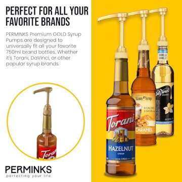 PERMINKS Premium Syrup Pump Compatible with Torani 750 ml Bottle, Davinci Syrups - No Spill, No Clog Syrup Pump Dispenser for Vanilla, Snow Cone, Blueberry, Coffee Flavoring & More (Pack of 3, Gold)