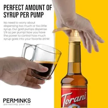 PERMINKS Premium Syrup Pump Compatible with Torani 750 ml Bottle, Davinci Syrups - No Spill, No Clog Syrup Pump Dispenser for Vanilla, Snow Cone, Blueberry, Coffee Flavoring & More (Pack of 3, Gold)
