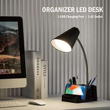 LED Desk Lamp with 1 USB Charging Port and 1 AC Outlet, Organizer Base, Adjustable Neck, On/Off Swit...