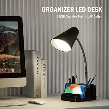 LED Desk Lamp with 1 USB Charging Port and 1 AC Outlet, Organizer Base, Adjustable Neck, On/Off Swit...