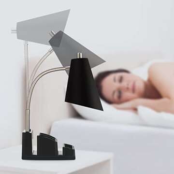 LED Desk Lamp with 1 USB Charging Port and 1 AC Outlet, Organizer Base, Adjustable Neck, On/Off Switch, Modern Table Lamp for Reading, Working, Studying, Gentle Warm White Light, Eye Protect