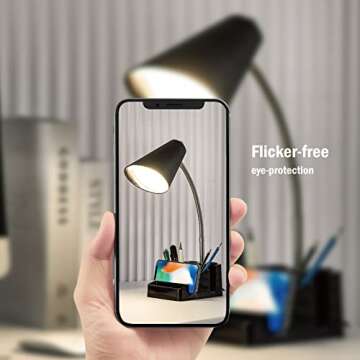 LED Desk Lamp with 1 USB Charging Port and 1 AC Outlet, Organizer Base, Adjustable Neck, On/Off Switch, Modern Table Lamp for Reading, Working, Studying, Gentle Warm White Light, Eye Protect