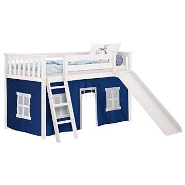 Max & Lily Low Loft Bed, Twin Bed Frame For Kids With Slide and Curtains For Bottom, White/Blue