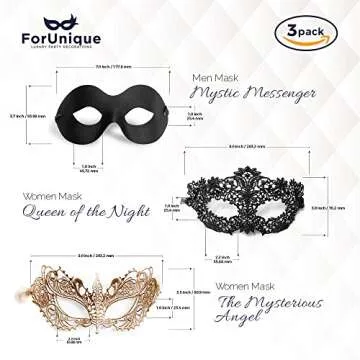 ForUnique Masquerade Mask for Couples Women and Men - 3 Pack Venetian Gold and Black Lace, Mardi Gras Mask