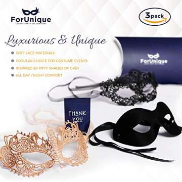 ForUnique Masquerade Mask for Couples Women and Men - 3 Pack Venetian Gold and Black Lace, Mardi Gras Mask