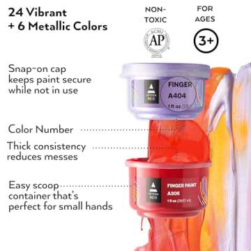 ARTEZA 30 Finger Paint Set, 1 fl oz, Non-Toxic Washable Finger Paint Kit for Kids, Art Supplies for Kids
