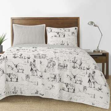 Paseo Road by HiEnd Accents Ranch Life Western Bedding, 3 Piece King Size Quilt Set, White Black Cow...