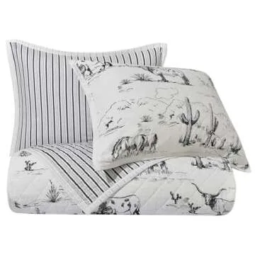 Paseo Road by HiEnd Accents Ranch Life Western Bedding, 3 Piece King Size Quilt Set, White Black Cow Cowboy Longhorn Horse Rodeo Print Western Bed Set, Cotton Rustic Southwest Quilt with Pillow Shams