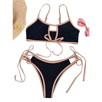 Floerns Women's Two Piece Contrast Binding Cut Out Self Tie Bikini Swimsuit Black M