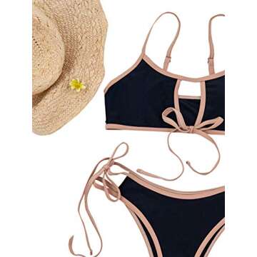 Floerns Women's Two Piece Contrast Binding Cut Out Self Tie Bikini Swimsuit Black M