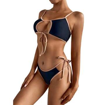 Floerns Women's Two Piece Contrast Binding Cut Out Self Tie Bikini Swimsuit Black M