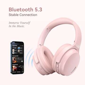 HROEENOI Active Noise Cancelling Wireless Bluetooth 5.3 Over-Ear Headphones, Memory Foam Ear Cups, Lightweight and Portable, Ideal for Travel, Home Office, Gym Workouts - Pink