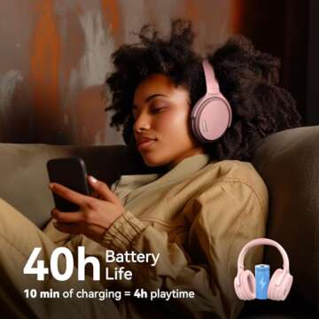 HROEENOI Active Noise Cancelling Wireless Bluetooth 5.3 Over-Ear Headphones, Memory Foam Ear Cups, Lightweight and Portable, Ideal for Travel, Home Office, Gym Workouts - Pink