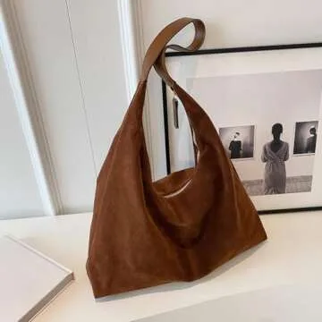 Lovehomily Suede Shoulder Hobo Bag - Brown PU Leather Large Underarm Slouchy Travel Bag