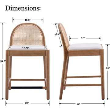LukeAlon Modern Linen Counter Stools Set of 2, 26" Seat Height Low Bar Stools with Wooden Legs Natur...