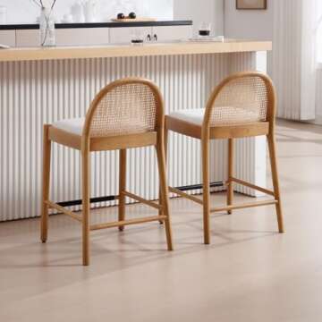 LukeAlon Modern Linen Counter Stools Set of 2, 26" Seat Height Low Bar Stools with Wooden Legs Natural Rattan Cane Back Counter Height Bar Chairs with Footrest for Home Pub Kitchen, Beige