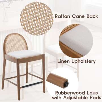 LukeAlon Modern Linen Counter Stools Set of 2, 26" Seat Height Low Bar Stools with Wooden Legs Natural Rattan Cane Back Counter Height Bar Chairs with Footrest for Home Pub Kitchen, Beige