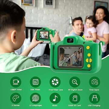 MYLORFUL Kids Camera, Cartoon Dinosaur Selfie Digital Camera Toys for Kids, Christmas Birthday Gifts for Boys Girls Age 3 4 5 6 7 8 9 10 11 12 Years Old, 32GB SD Card Included