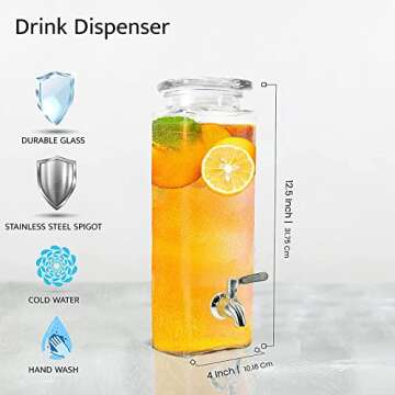 Tall Square Glass Jar Drink Dispenser - Gravity Beverage Dispenser With Stainless Steel Spigot, 80 o...