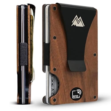Mountain Voyage Minimalist Wallet - Slim RFID, Natural Wood, Money Clip