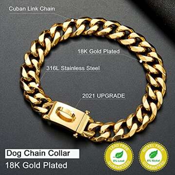 Gold Dog Chain Collar Walking Metal Chain Collar with Design Secure Buckle,18K Cuban Link Strong Heavy Duty Chew Proof for Small Dogs(19MM, 12")