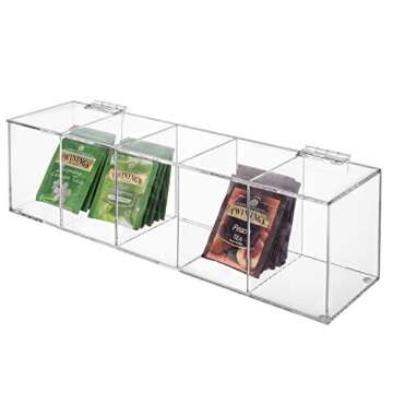 MyGift Modern Clear Premium Acrylic Tea Bag Organizer Box with 5 Compartments and Hinged Lid, Kitchen Countertop Storage Caddy for Assorted Teas and Condiments