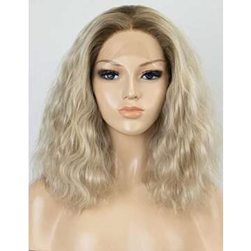 K'ryssma Ombre Blonde Short Bob Lace Front Wigs for Women, Dark Roots to Light Blonde Ombre Synthetic Wig Fashionable Wavy Wig Heat Resistant