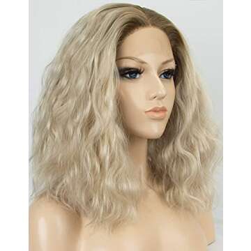 K'ryssma Ombre Blonde Short Bob Lace Front Wigs for Women, Dark Roots to Light Blonde Ombre Synthetic Wig Fashionable Wavy Wig Heat Resistant