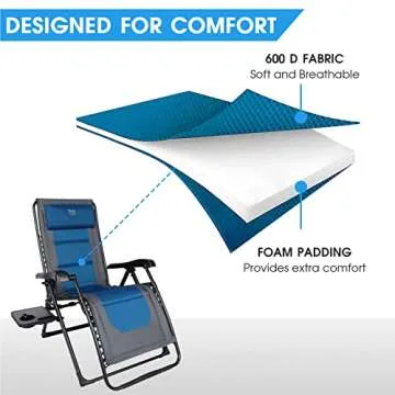 TIMBER RIDGE Zero Gravity polyester Chair Oversized Recliner 350lbs Capacity Patio Lounge Chair Padded Lawn Chair with Headrest XXL for Outdoor, Camping, Patio, Lawn, Blue