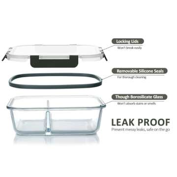 M MCIRCO [5-Pack,36 Oz] Glass Meal Prep Containers 2 Compartments Portion Control with Upgraded Snap Locking Lids Glass Food Storage Containers, Microwave, Oven, Freezer and Dishwasher (4.5 Cups)